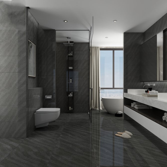 Sandwaves Dark Grey Polished Wall And Floor Porcelain Tiles 60cmx60cm